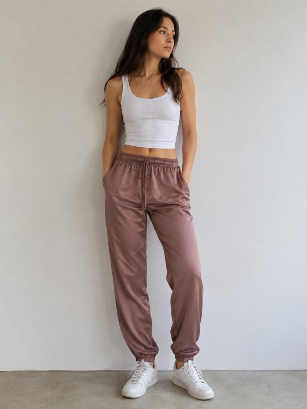 NWT Uniqlo Women Satin Jogger Pants Mauve Pink Elastic Waist Size S